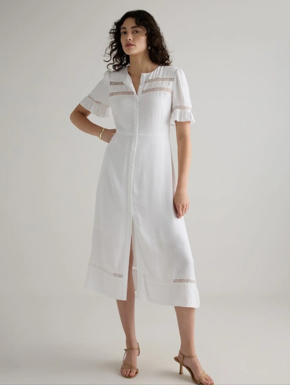 Quince White Midi Dress with Lace Trim